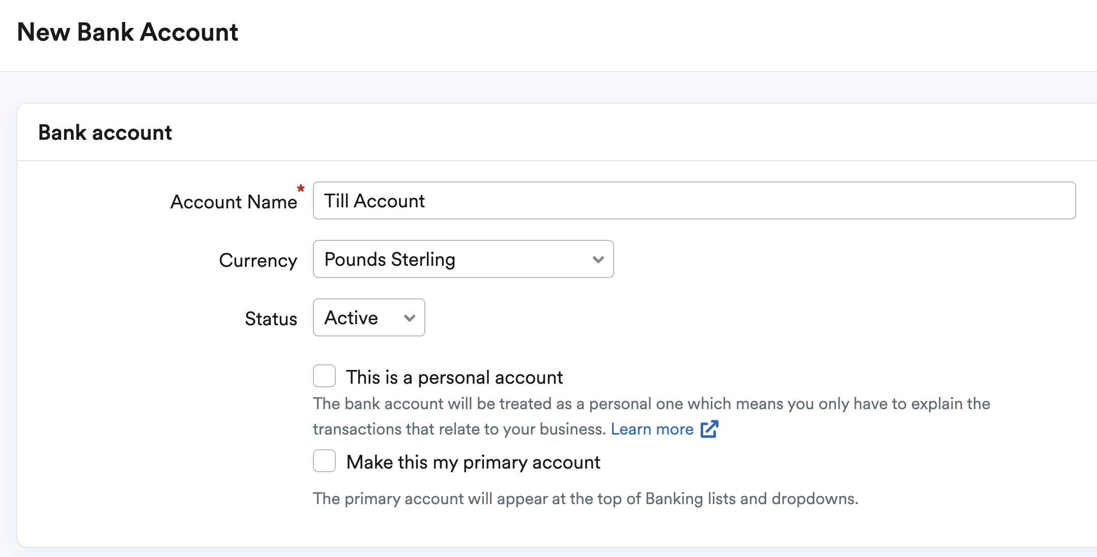 New bank account being created and called Till Account