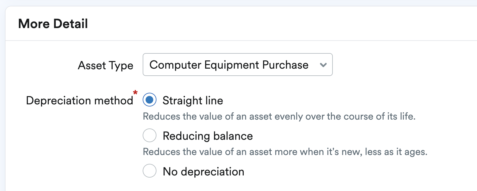 Relevant asset type and depreciation method selected for the first asset