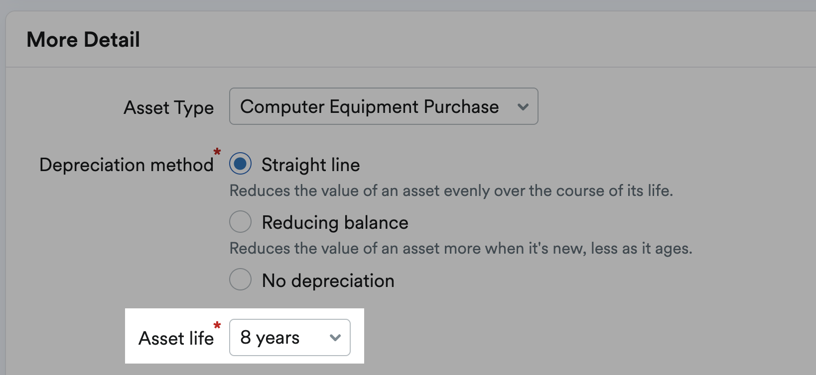Asset life highlighted when straight line depreciation is selected
