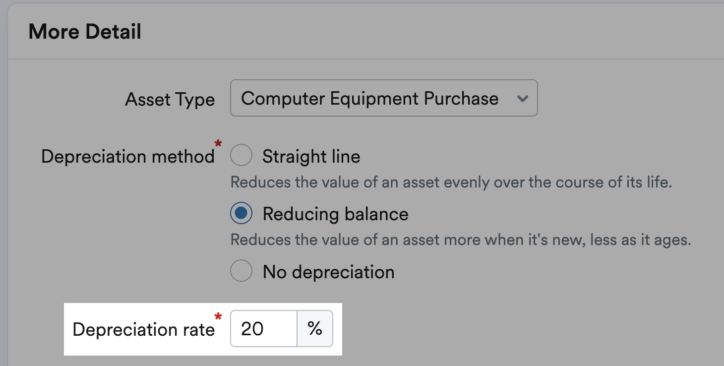 Depreciation rate highlighted when reducing balance method selected