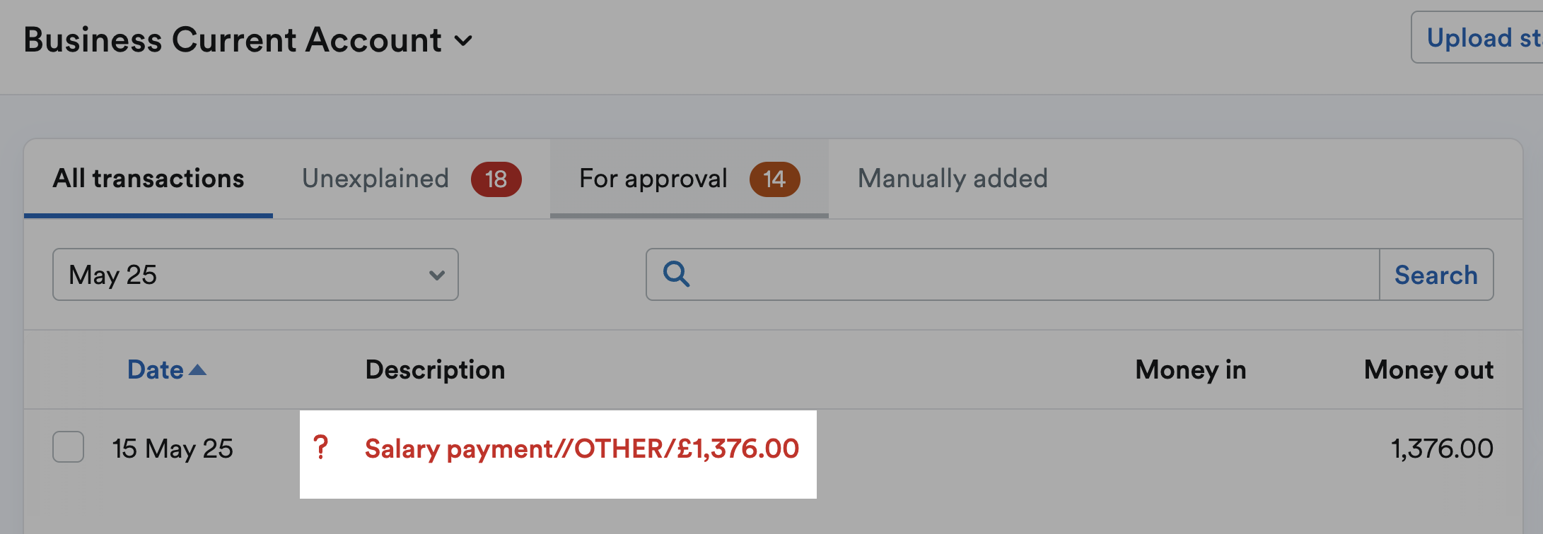 Bank transaction description highlighted