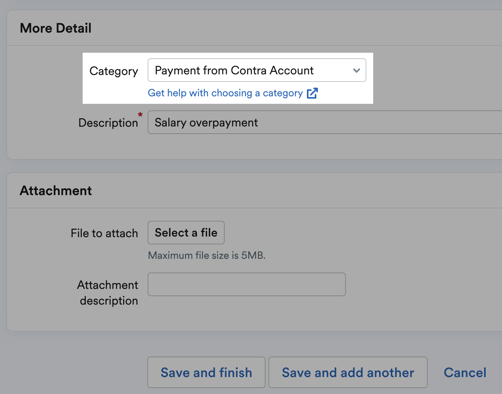 Payment from Contra Account selected from the Category drop-down menu