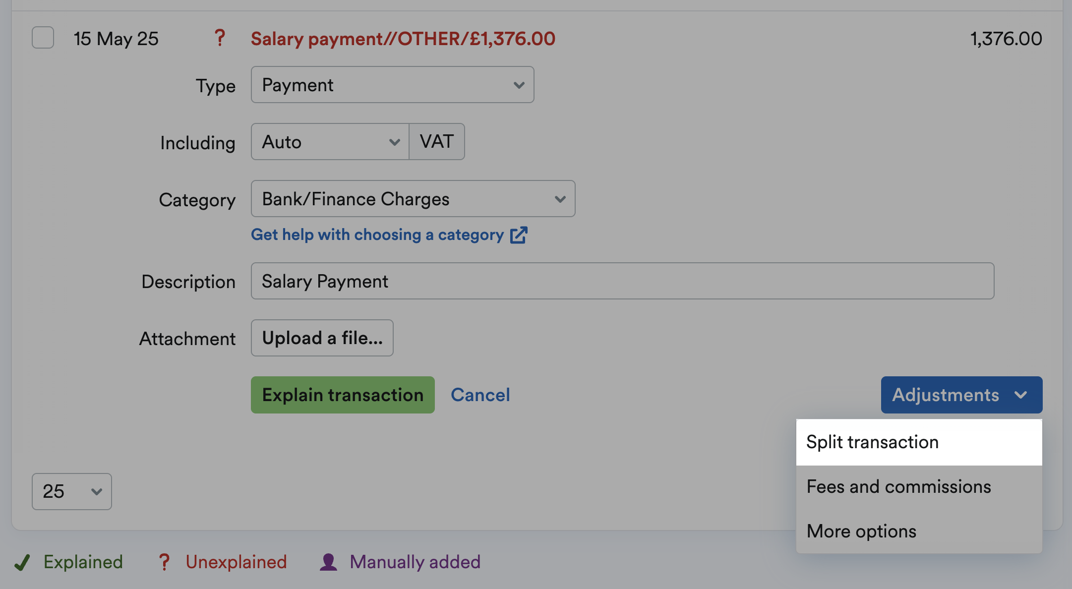 Split transaction highlighted from the Adjustments drop-down menu