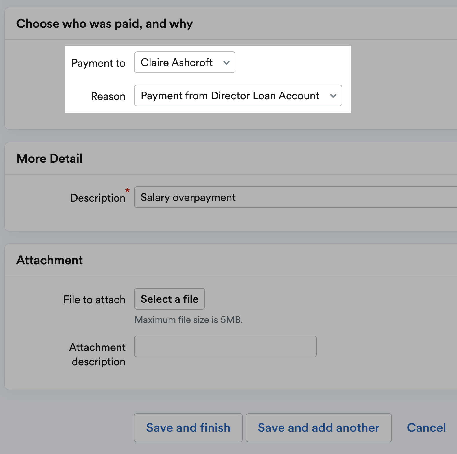 Director in question selected from Payment to drop-down menu and payment from director loan account selected from Reason drop-down menu