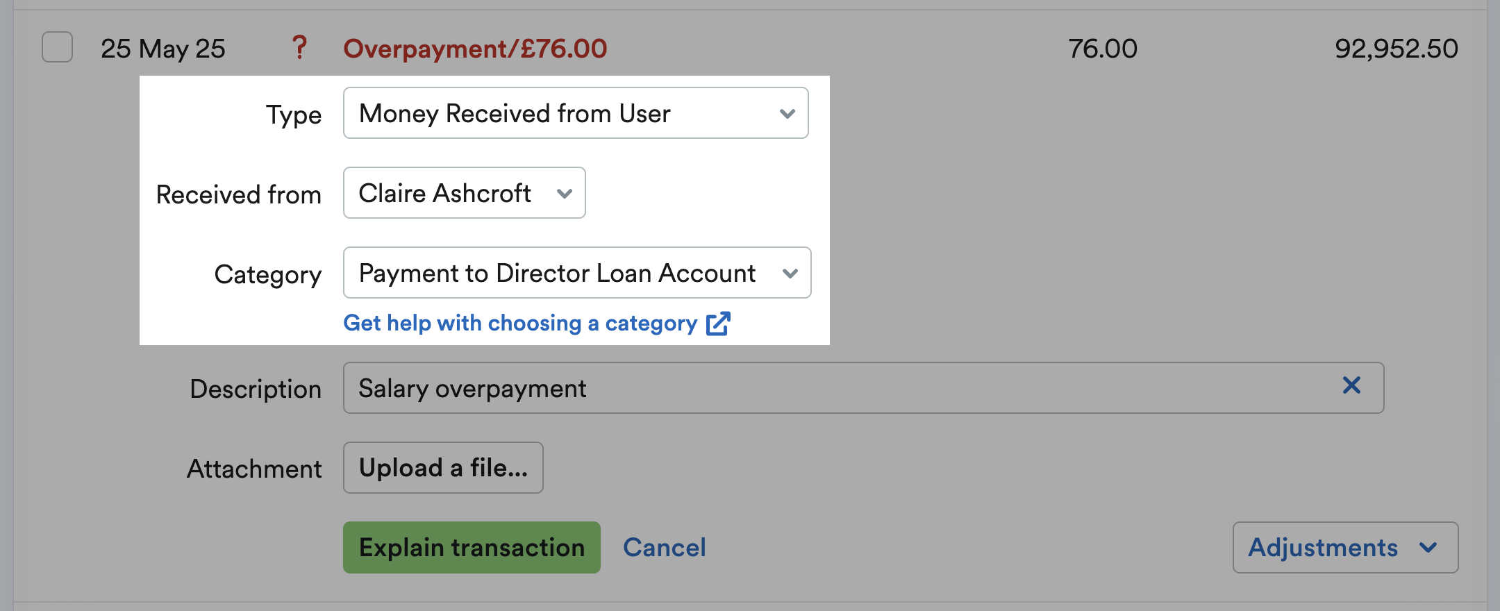 Remaining amount being explained as a payment to the director loan account