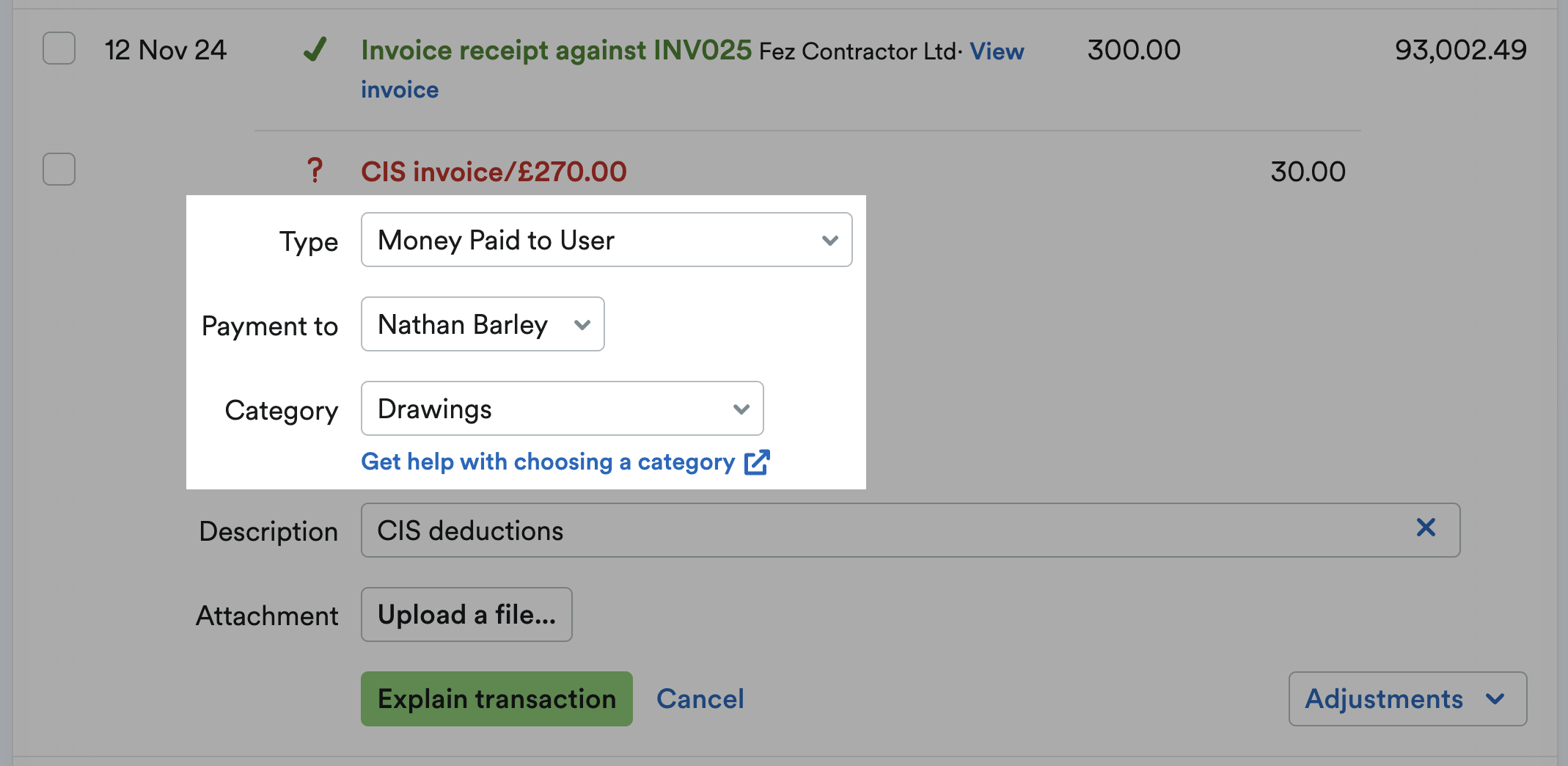 Remaining balance being explained as money paid to user and drawings