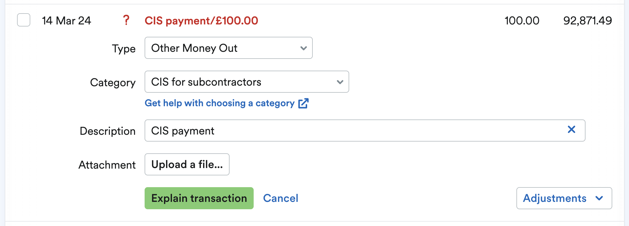 Bank transaction being explained as other money out and cis for subcontractors