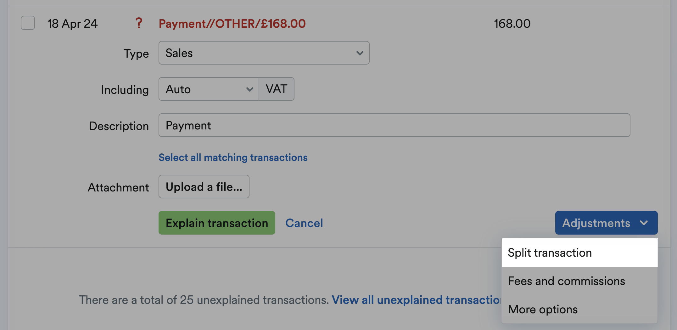 Split transaction highlighted from the Adjustments drop-down menu