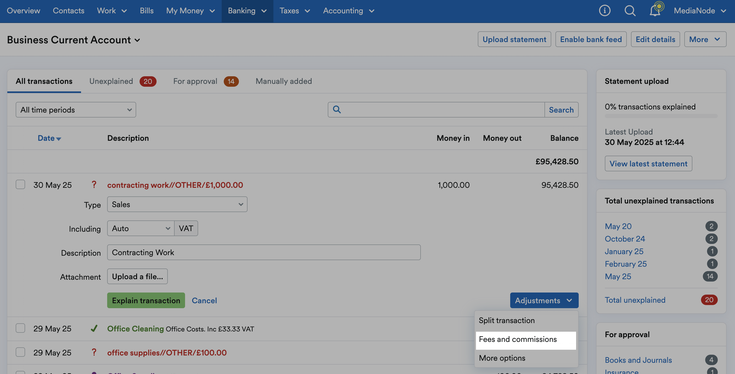 'Fees and commissions' highlighted on Adjustments drop down menu.
