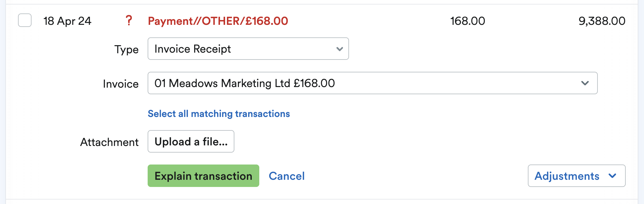 Bank transaction being explained as an invoice receipt