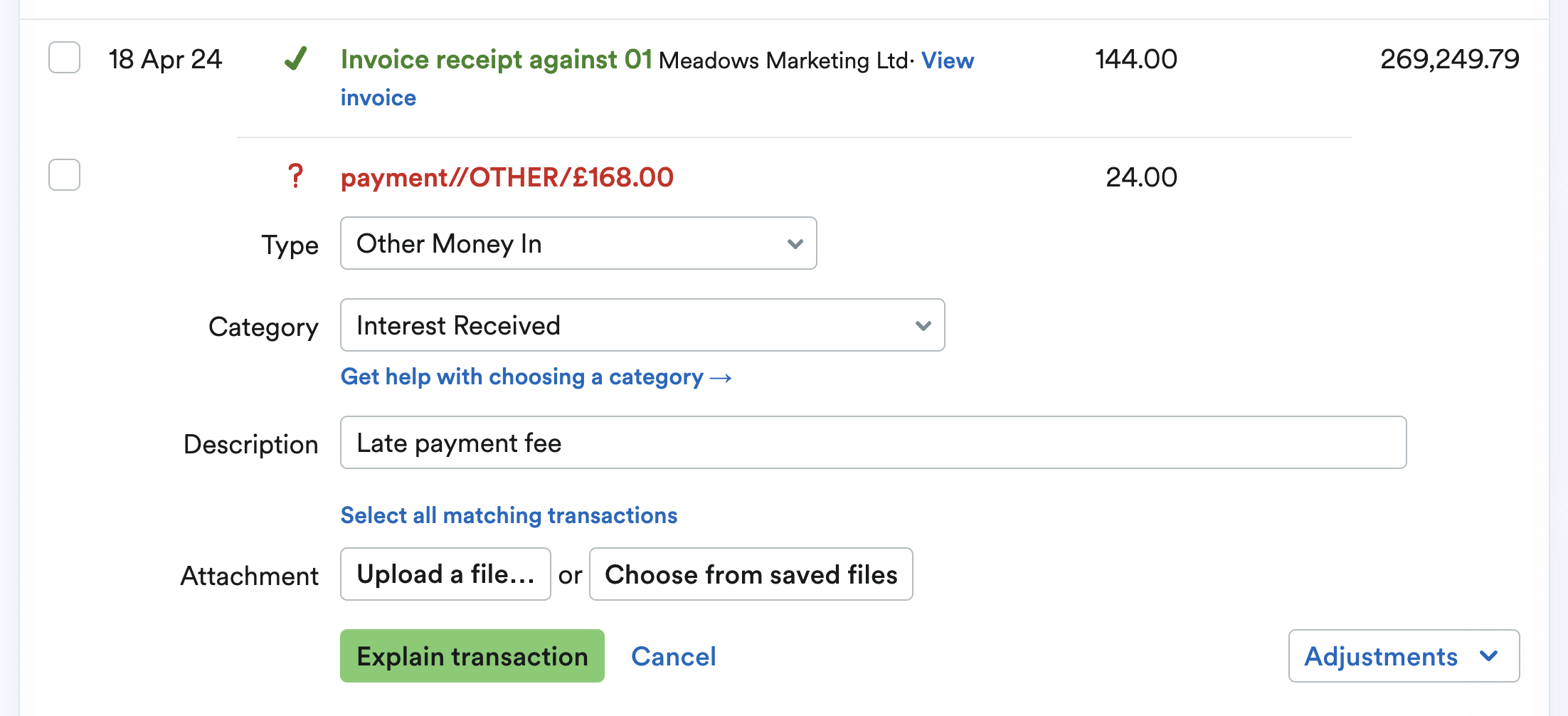 Other transaction shown with additional Money in.