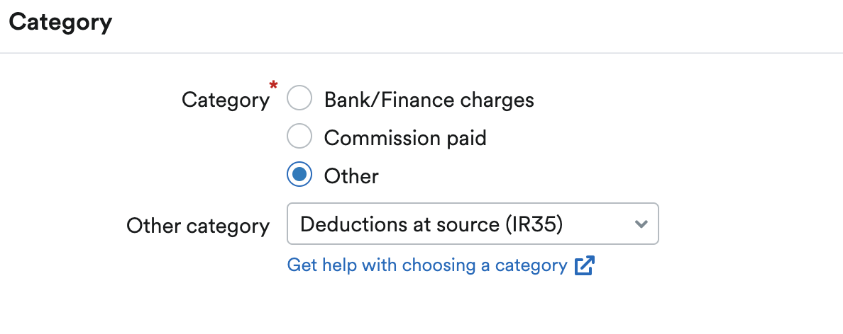 Other selected on category list, with new custom category chosen.