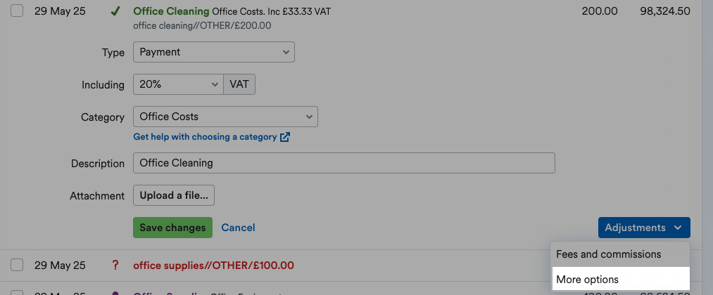 'More options' highlighted on Adjustments drop down menu.