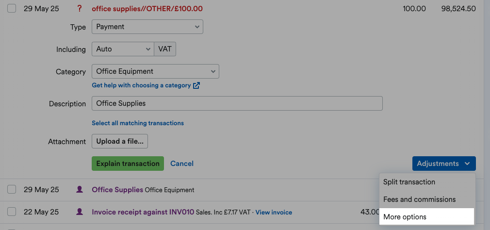 'More options' highlighted on Adjustments drop down menu.