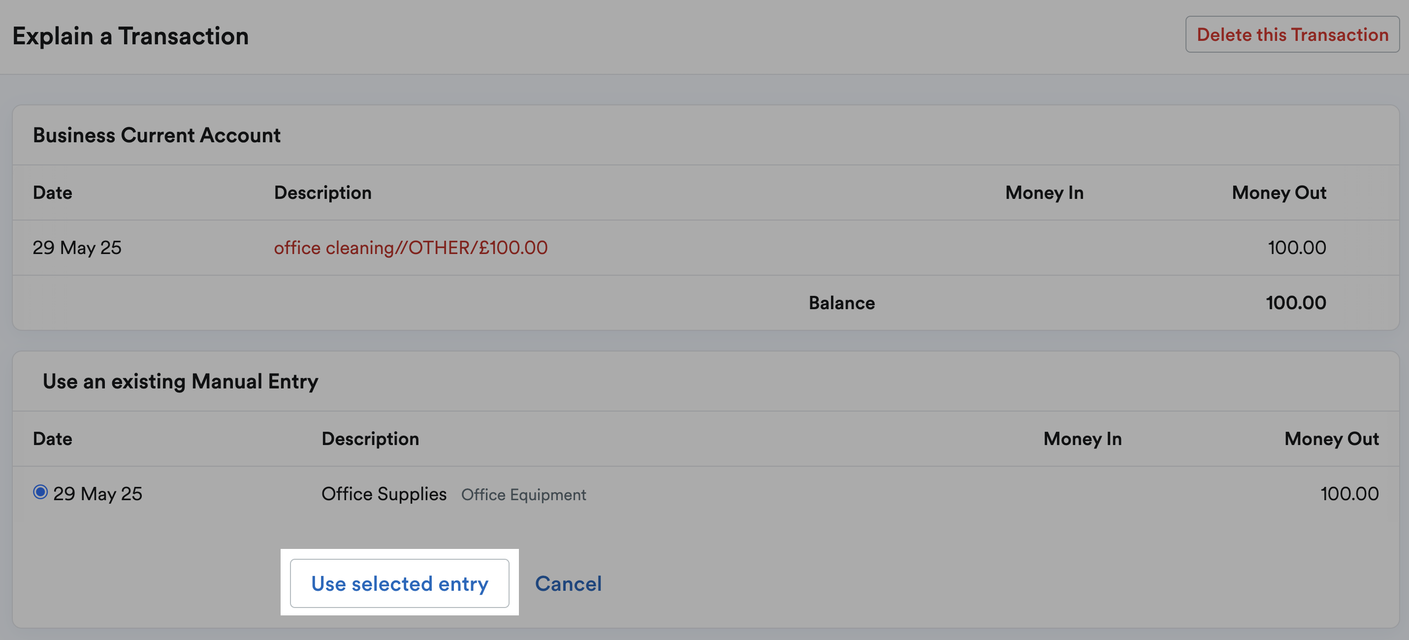 Use selected entry button highlighted