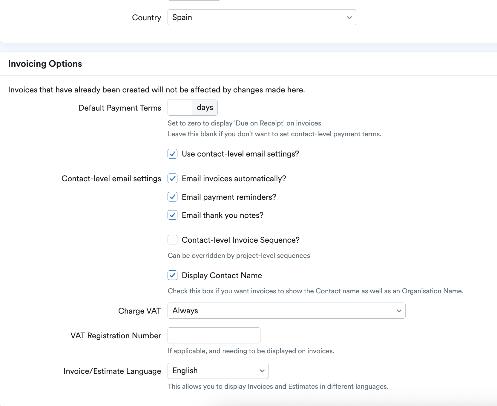Contact with EU country and Charge VAT option set to 'Always'.