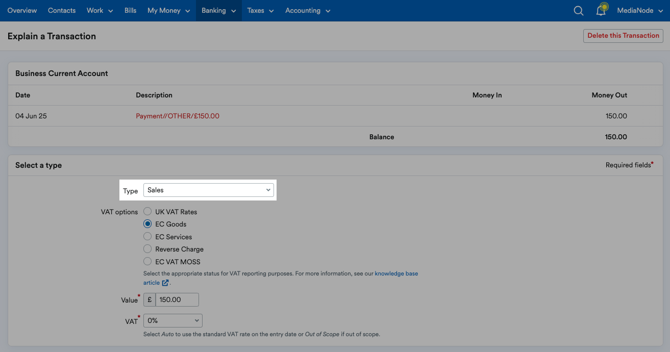 'Sales' selected as Type from drop down menu.