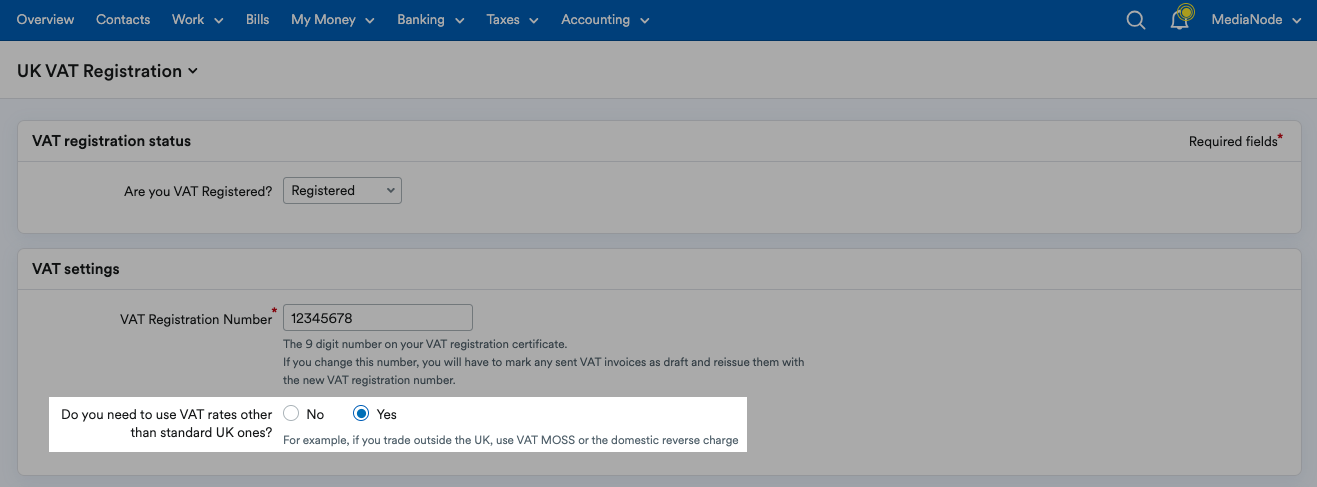 'Yes' selected for 'Do you need to use VAT rates other than standard UK ones?'.