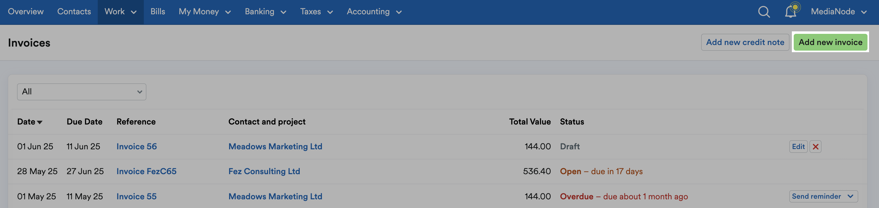 'Add new invoice' button highlighted on Invoices page.