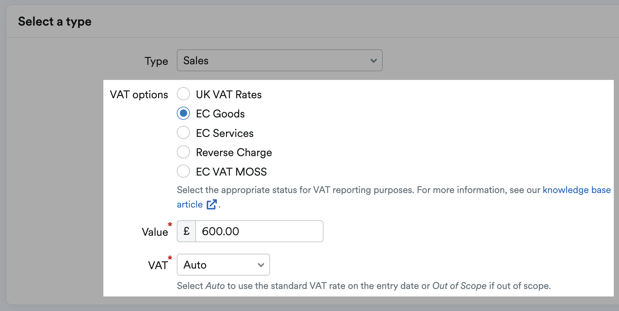 EC Goods selected as the VAT option