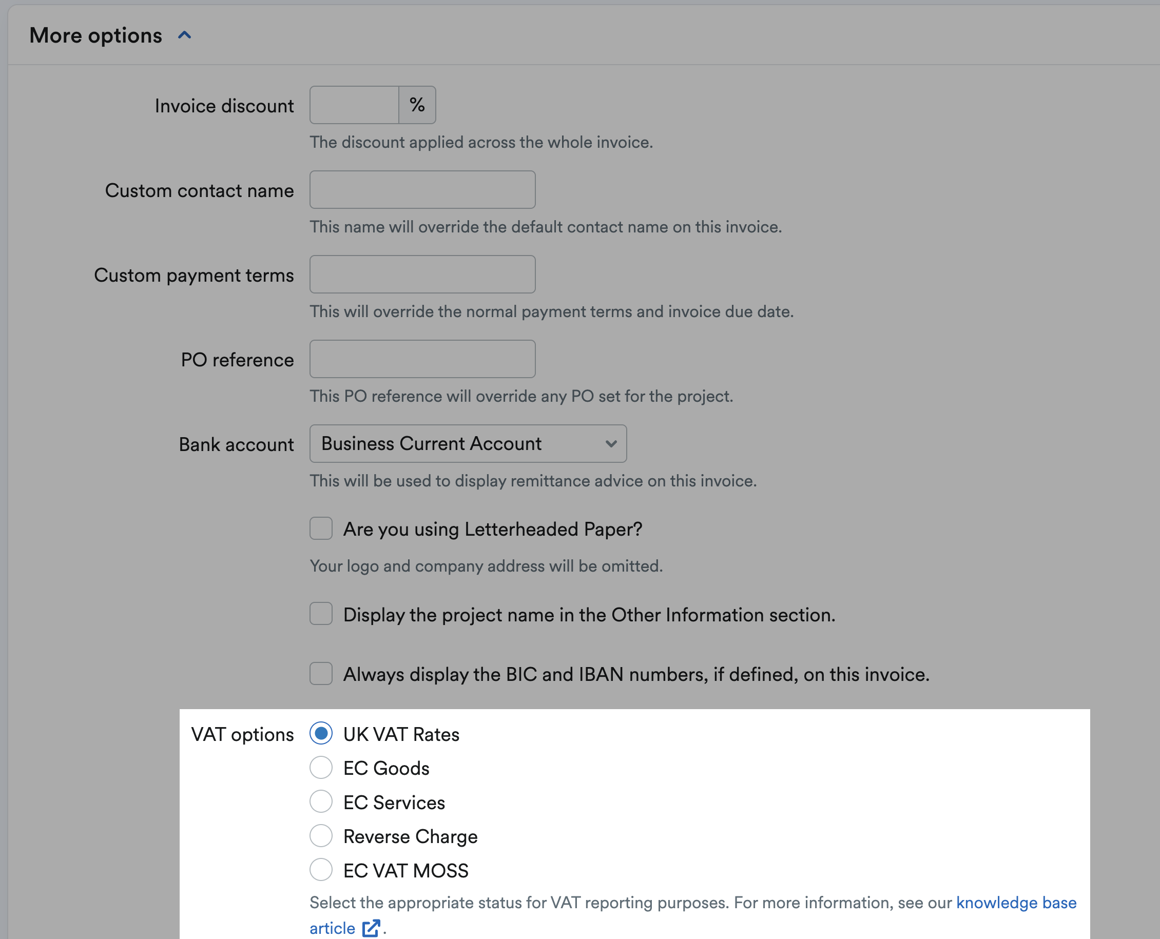 UK VAT Rates selected in More options section