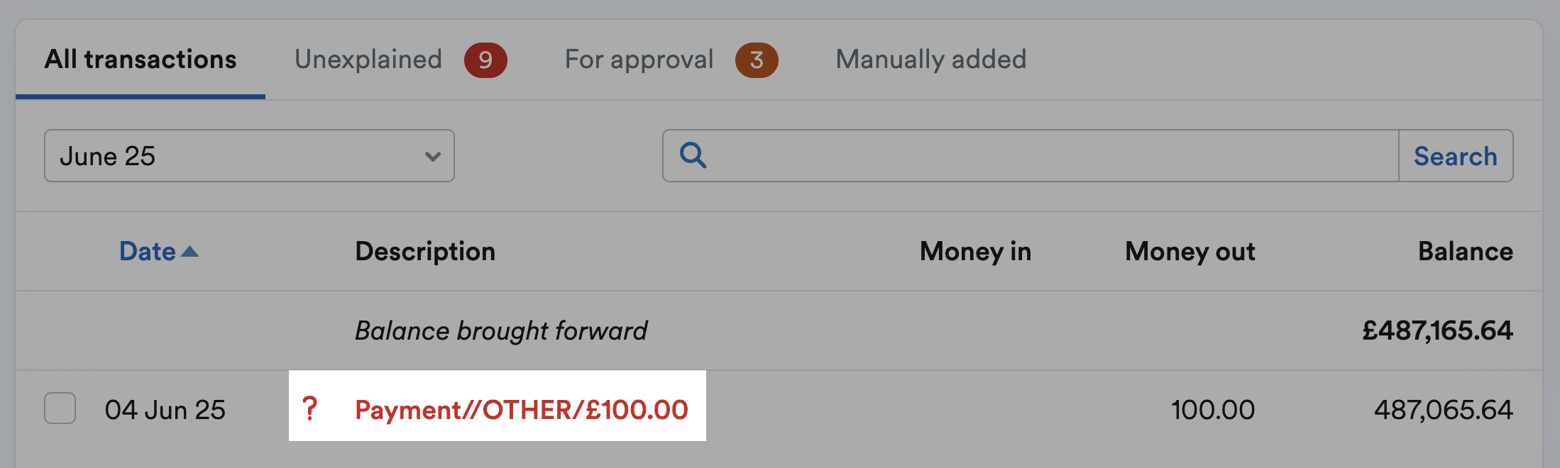 Bank transaction description highlighted