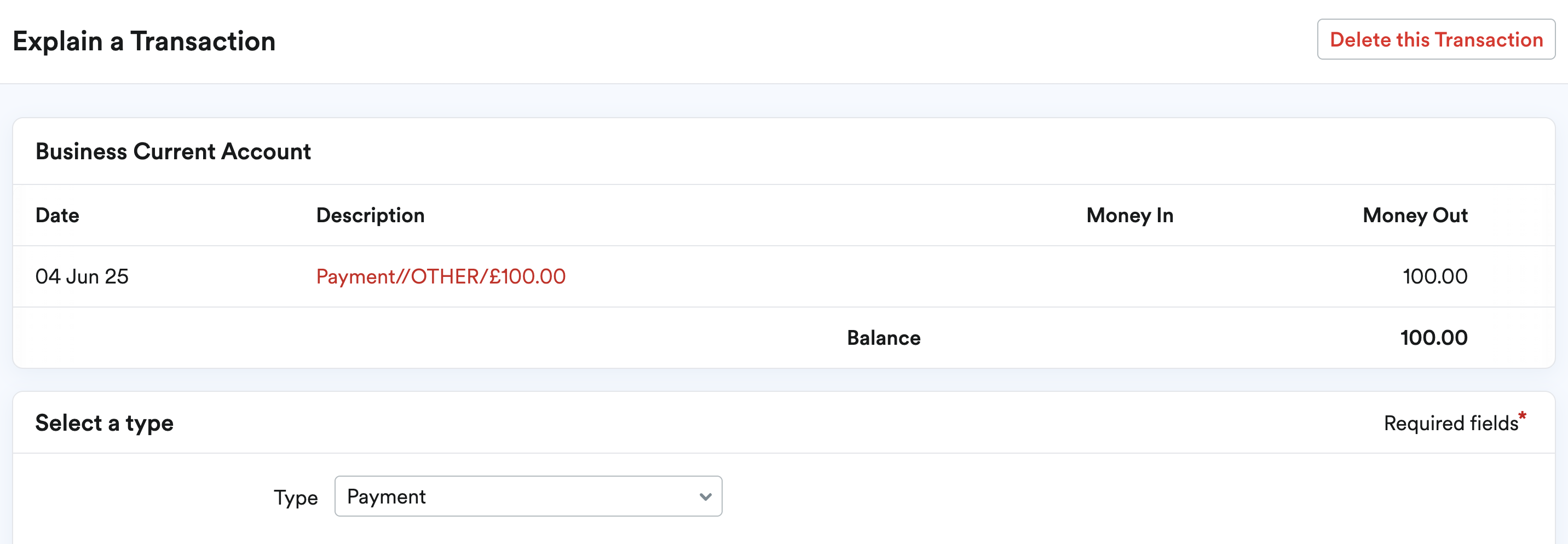 Payment selected as the Type 