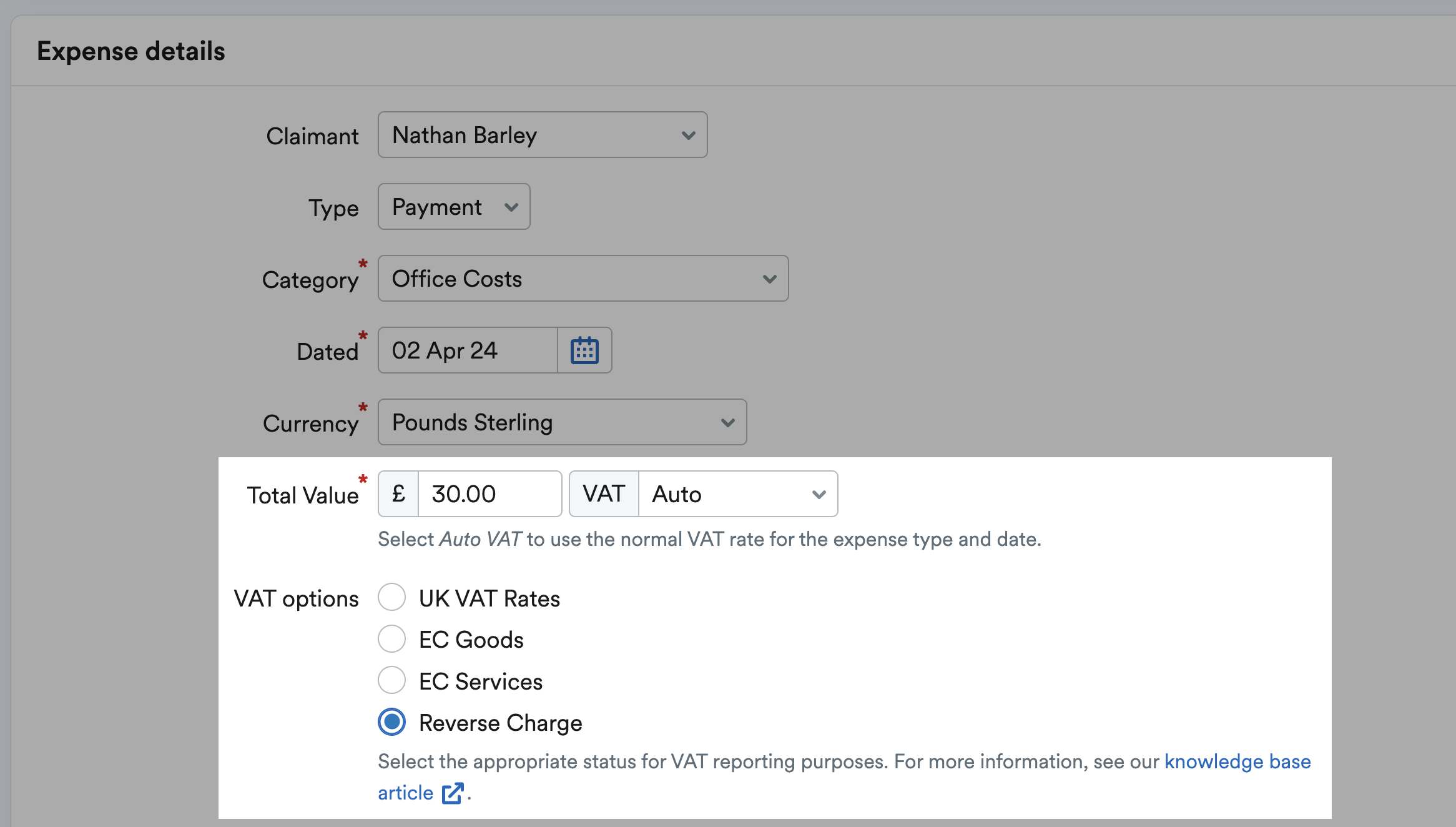 Reverse Charge selected on the Expense details section