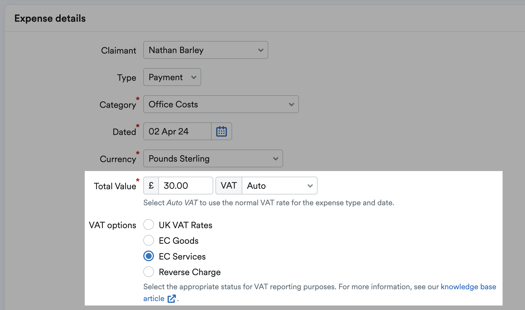EC Services selected as the VAT option and Auto from the drop-down menu