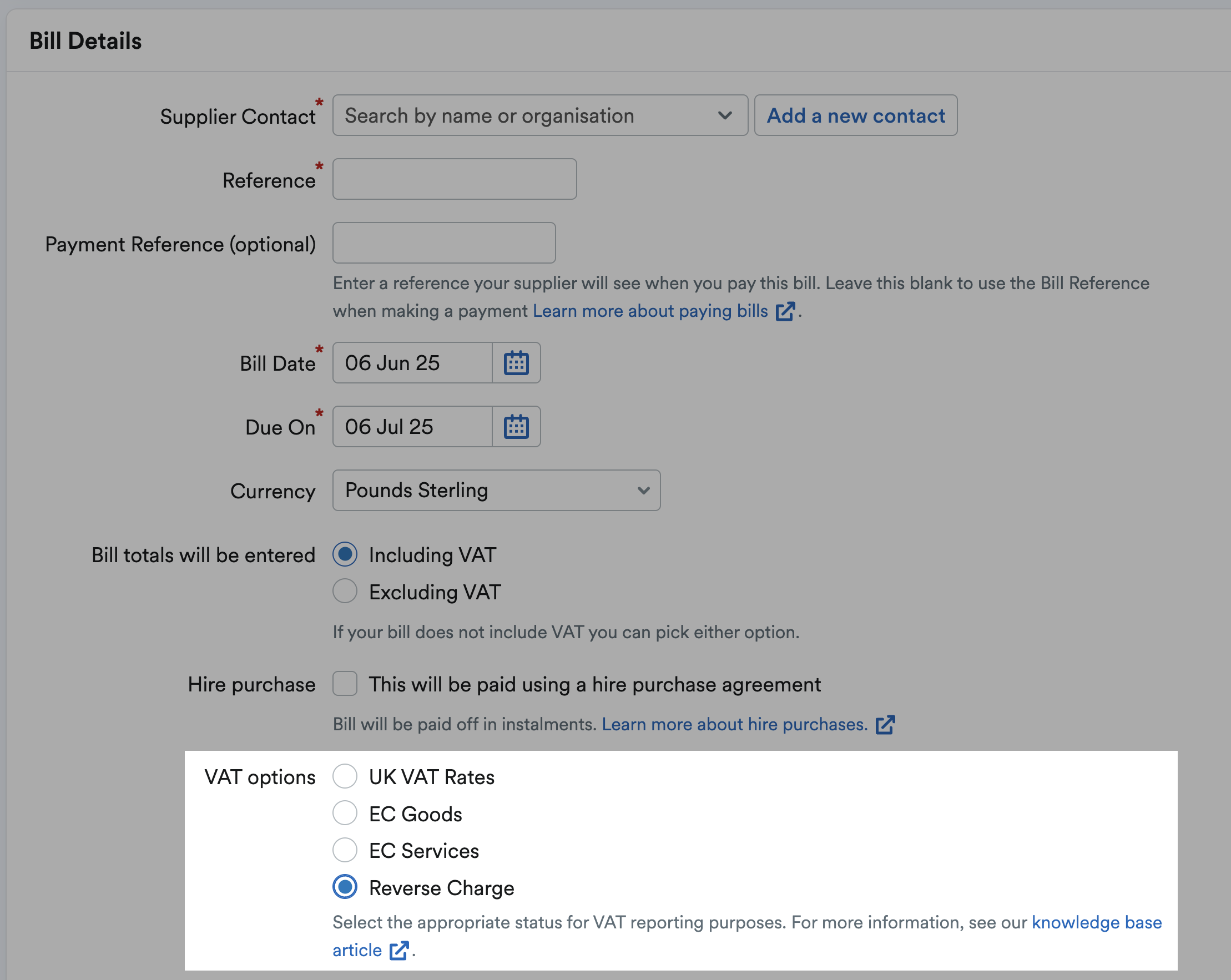 Reverse Charge selected on the Bill details section
