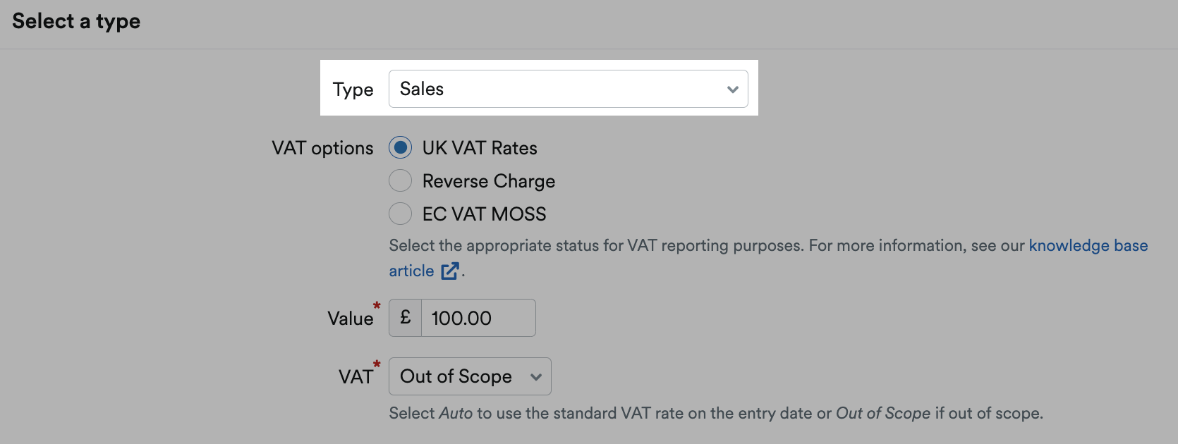 'Sales' selected as Type.