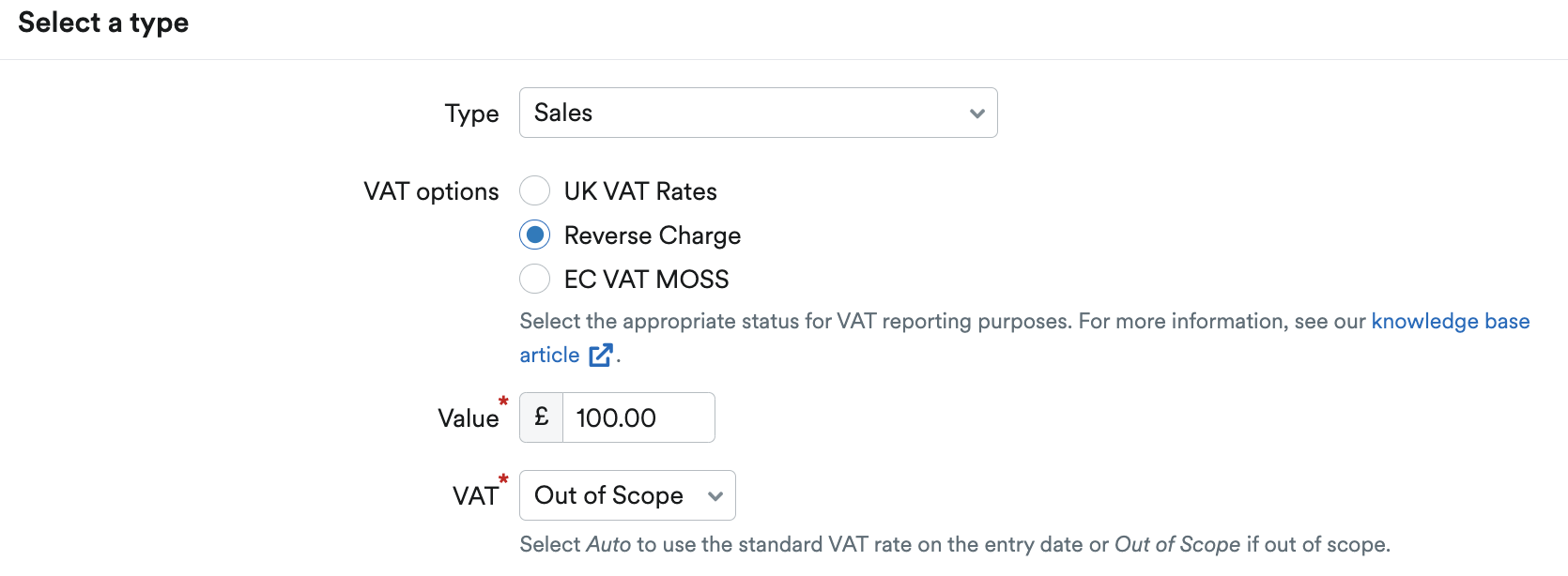 'Reverse Charge' selected for VAT options and VAT set to 'Out of Scope'.