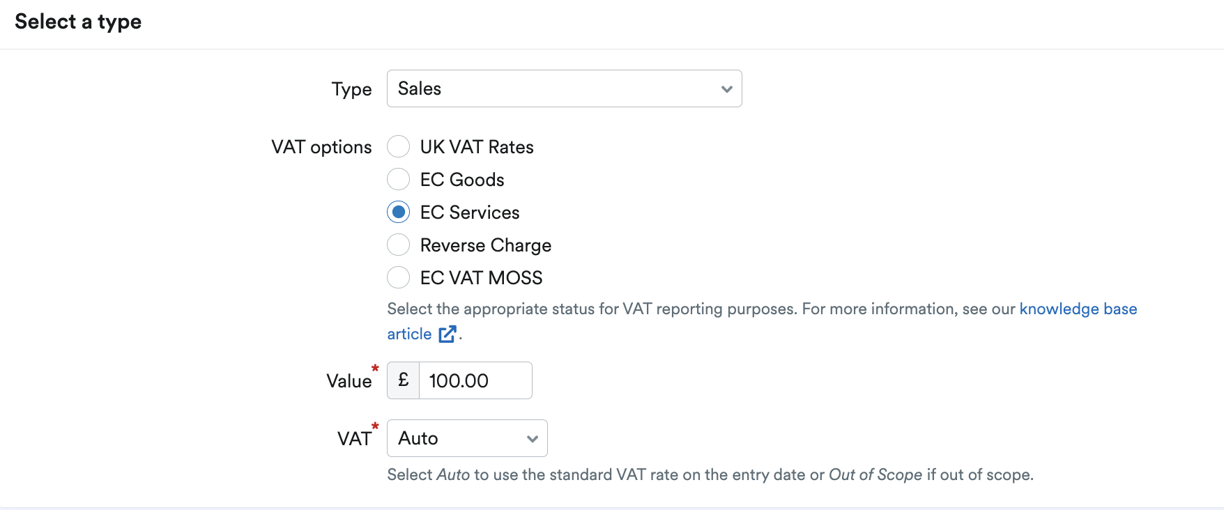 'EC Services' selected for VAT options.