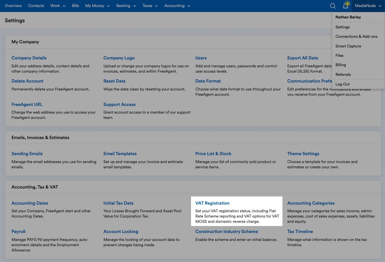 'VAT Registration' highlighted in Accounting, Tax and VAT section of Settings page.