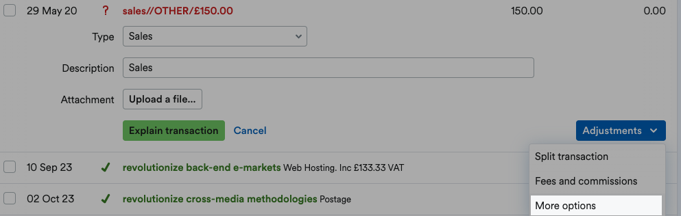 'More options' highlighted on Adjustments drop-down menu.