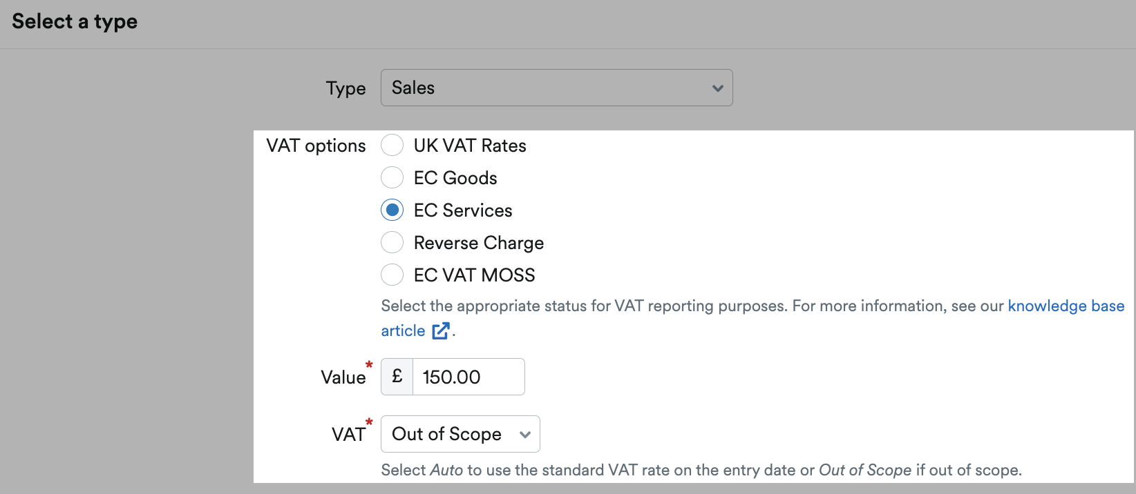 'EC Services' selected for VAT options with VAT set to 'Out of Scope'.