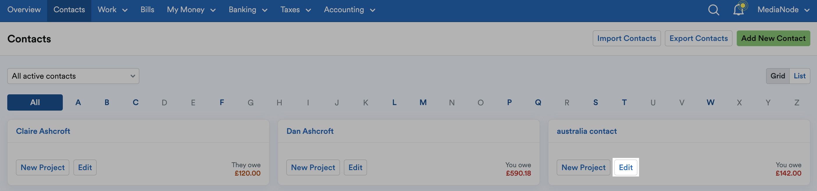'Edit' button highlighted next to contact.