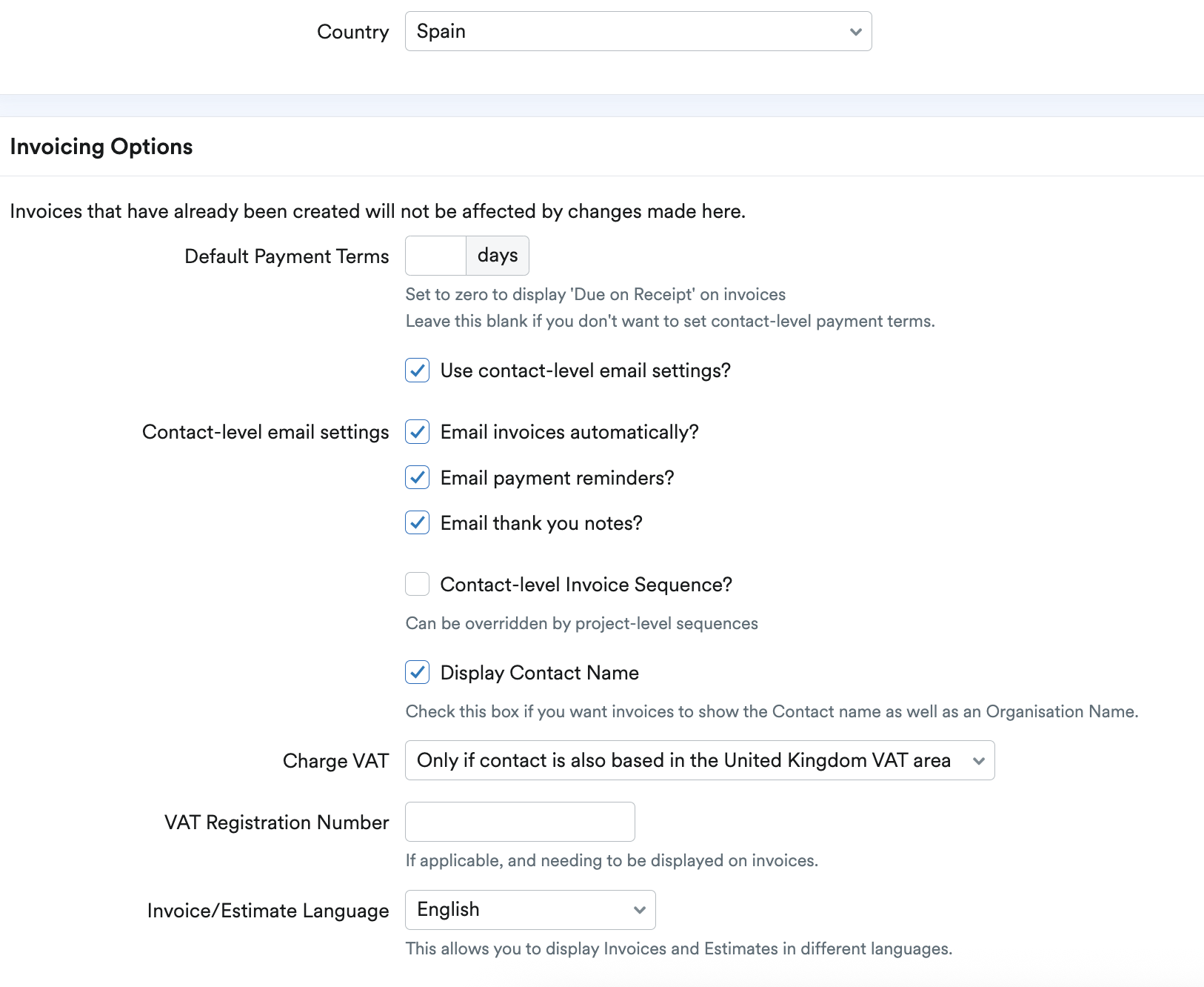 Contact with an EU country address set to Charge VAT 'Only is contact is also based in the United Kingdom VAT area'.
