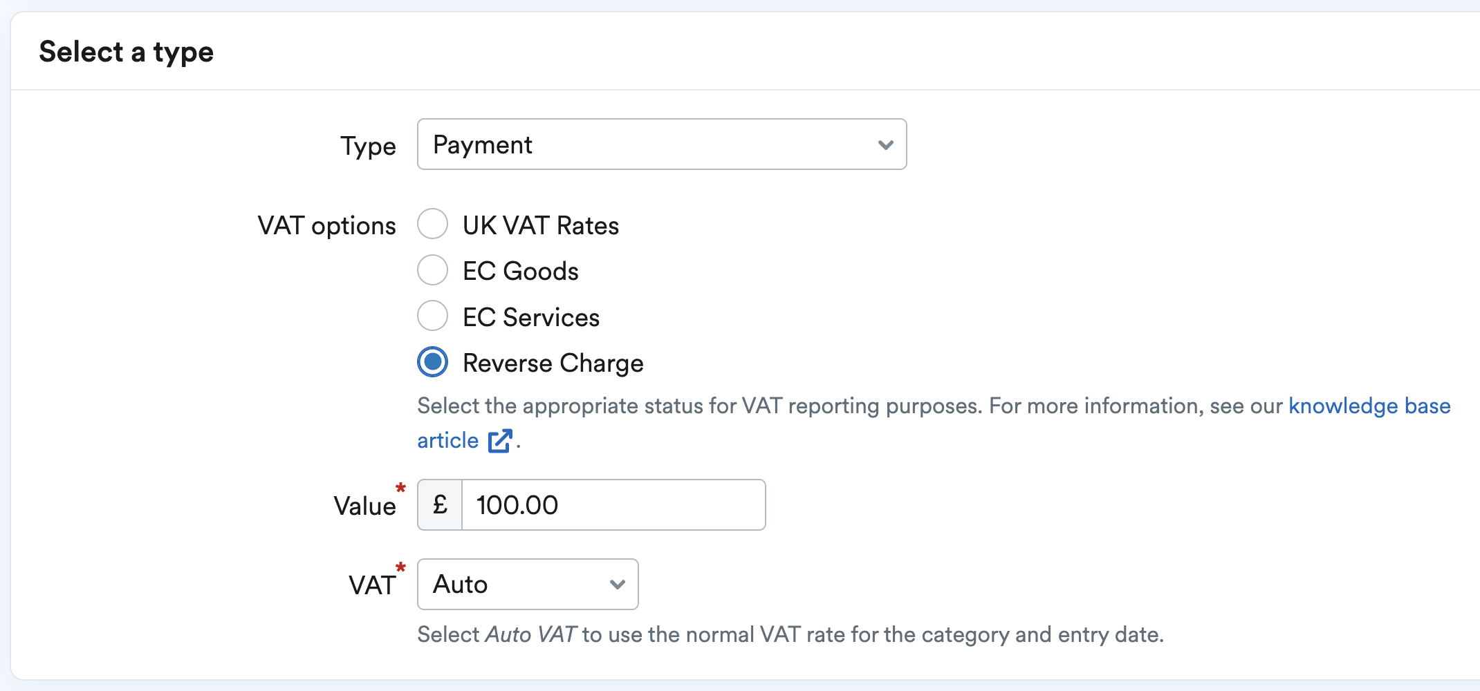 Payment selected as the Type and Reverse Charge from the VAT options
