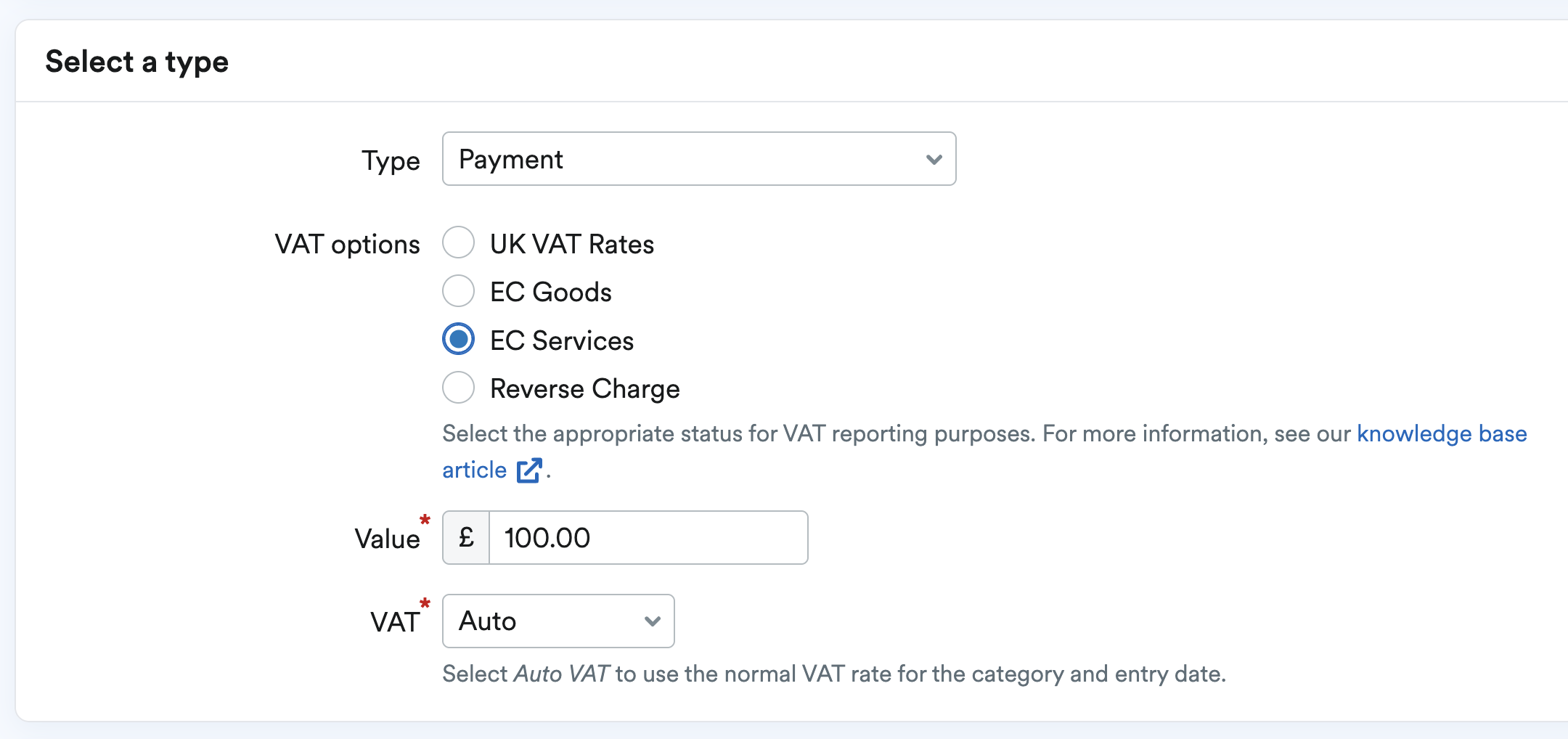 EC Services selected as the VAT option and Auto from the drop-down menu