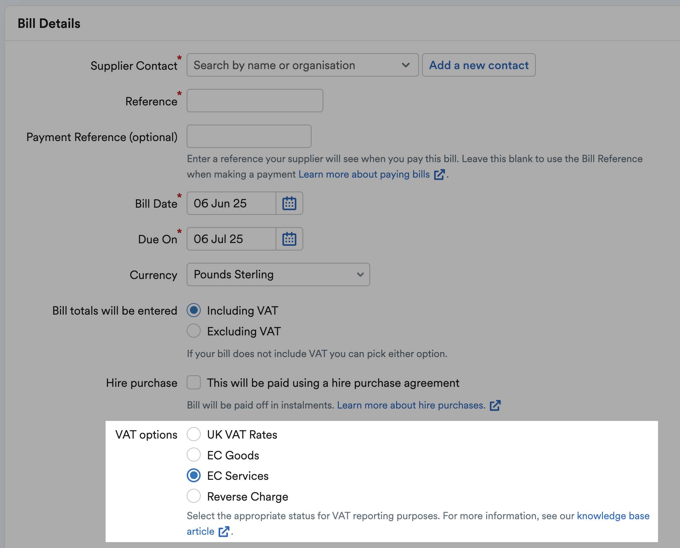 EC Services selected as the VAT option and Auto from the drop-down menu