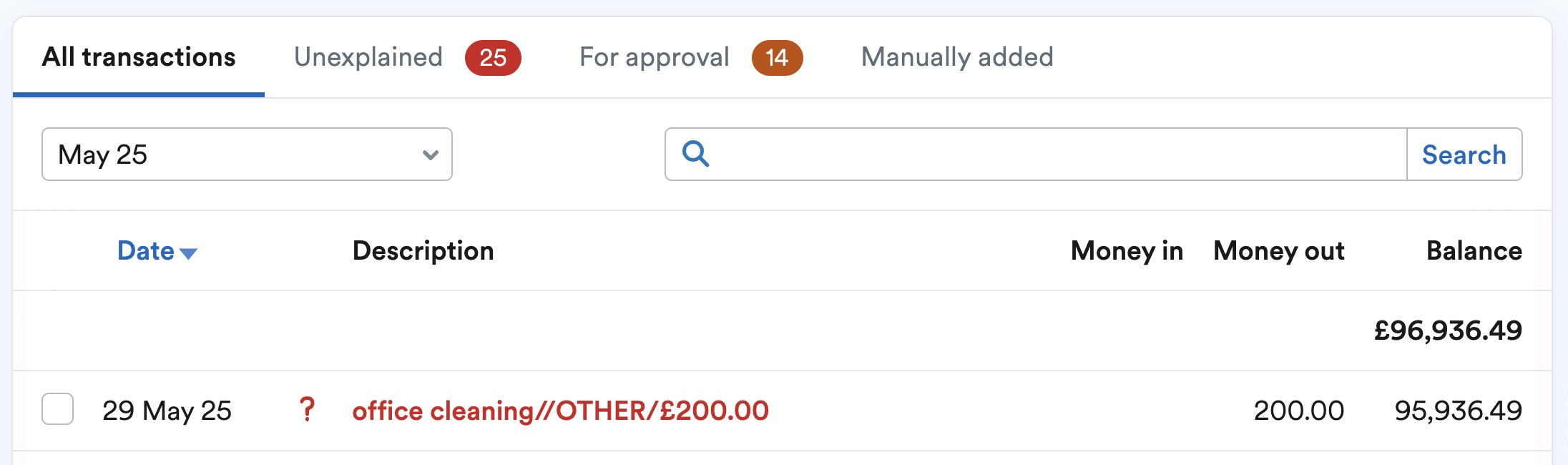 Transaction showing unexplained in red