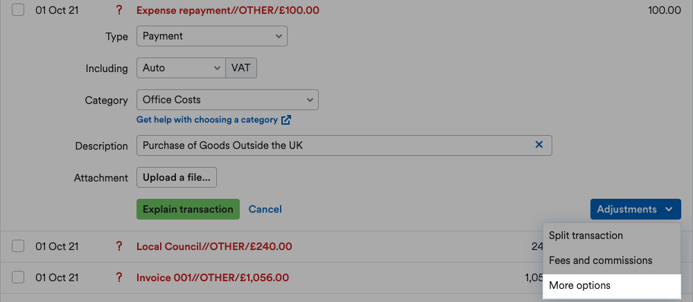 'More options' highlighted on Adjustments drop down menu.
