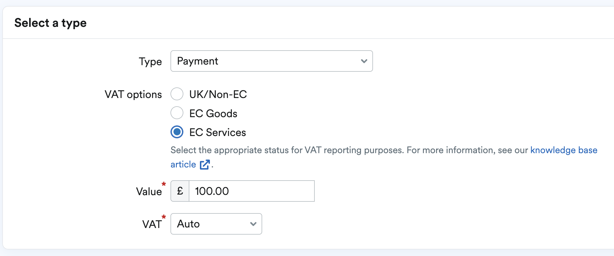 payment selected as the type, EC services and Auto VAT