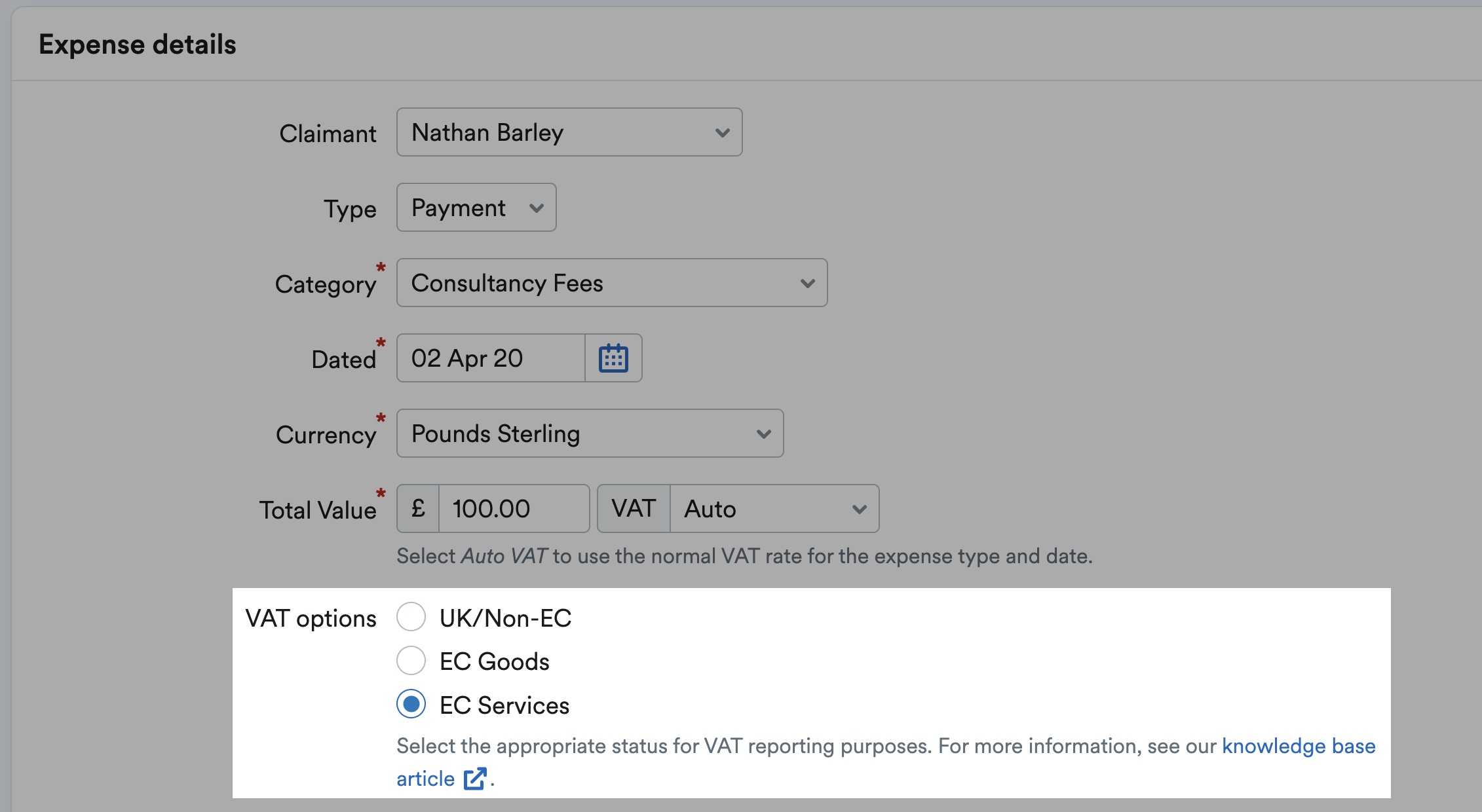 EC services selected in the Expense details section
