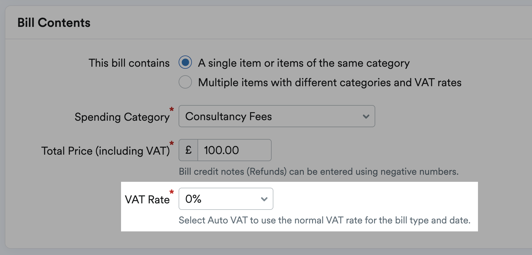 VAT rate selected as 0%