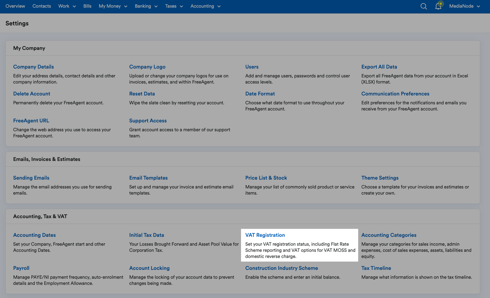 VAT Registration highlighted in Accounting, Tax and VAT section of Settings page.