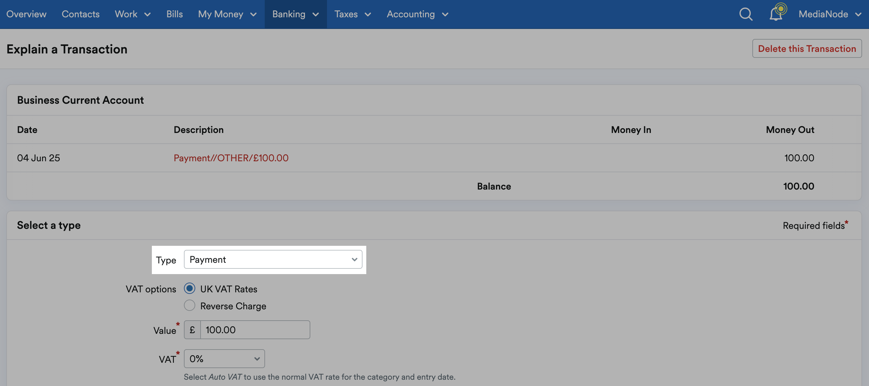 Payment selected as the transaction Type