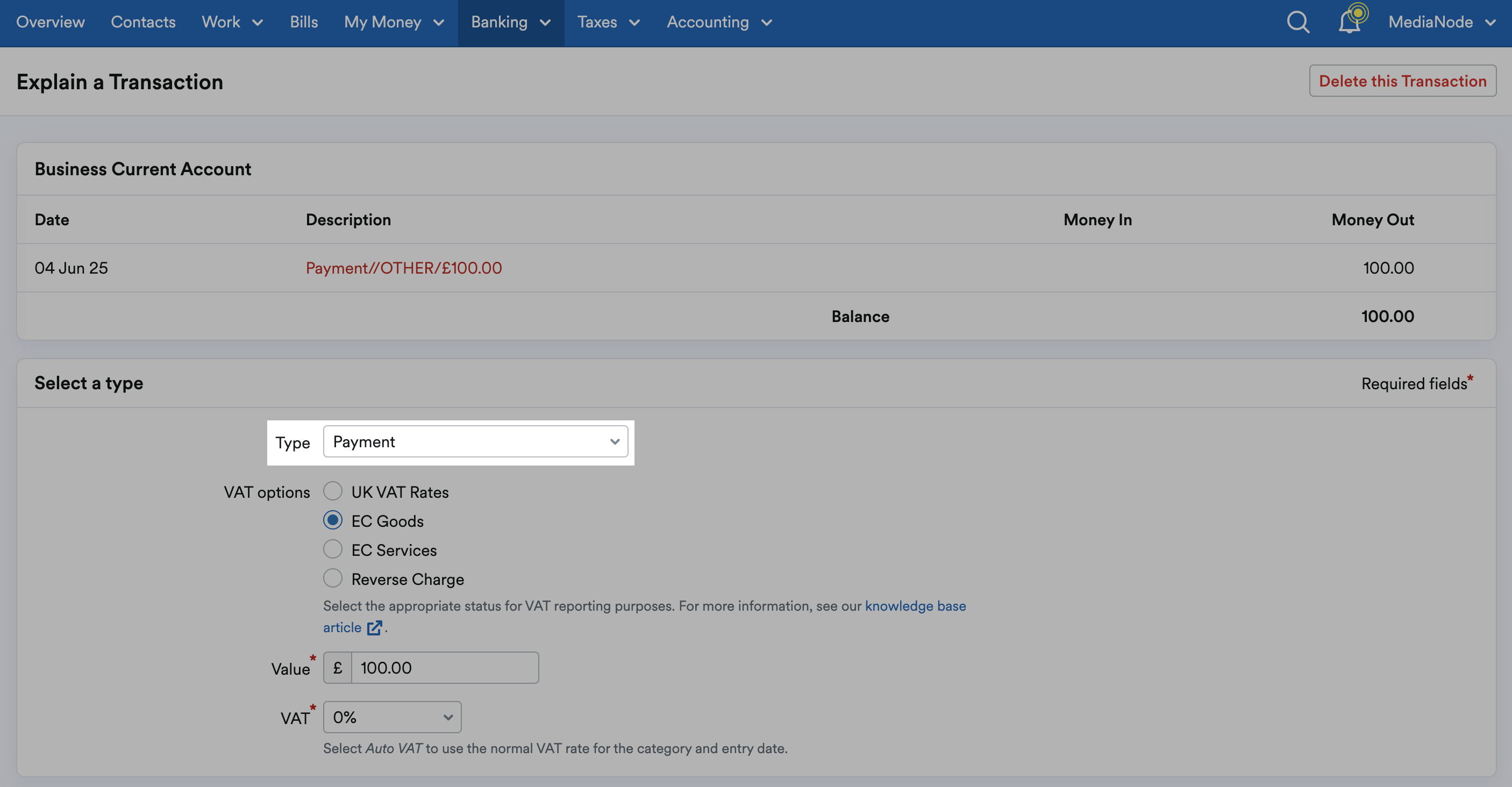 Payment selected as the transaction Type