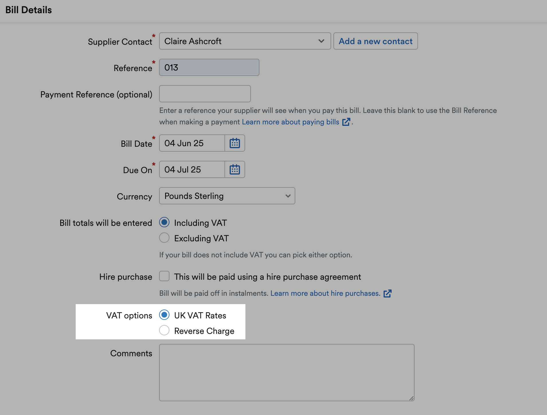 UK VAT rates selected for a bill